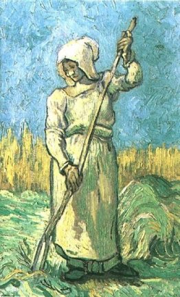Femme paysanne avec un râteau après millet