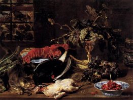 Nature morte avec du crabe, de la volaille et des fruits