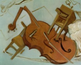 Lit, chaise et table de chevet attaquant férocement un violoncel