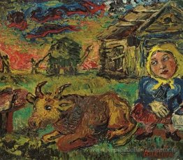 Femme avec écharpe jaune et vache