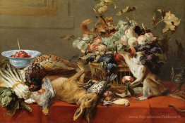 Nature morte avec fruits, jeu mort, légumes, singe vivant, écure