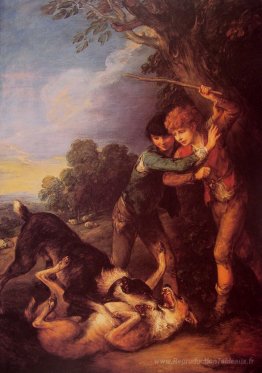 Deux garçons de berger avec des chiens se battent