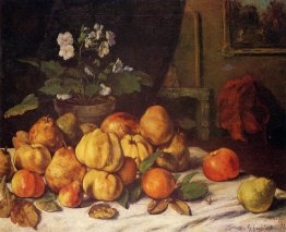 Pommes de vie morte, poires et fleurs sur une table, Saint Pélag