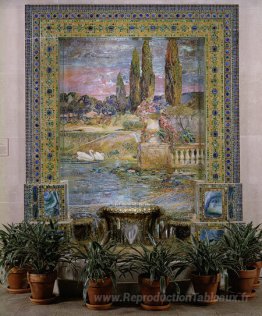 Paysage de jardin et fontaine