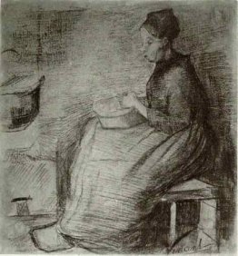 Femme, assise près du feu, éplucher des pommes de terre