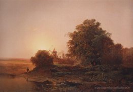 Paysage d'été avec moulins à vent