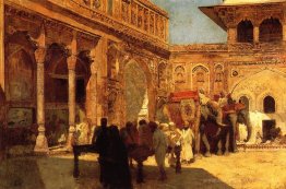 Éléphants et personnages dans une cour, Fort Agra