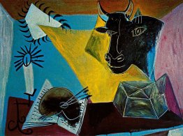 Nature morte avec une tête de taureau, un livre et une gamme de