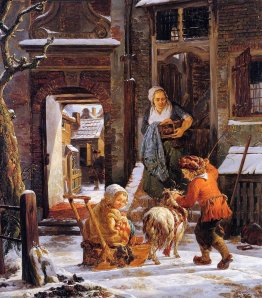 Vue de la ville d'hiver avec les enfants