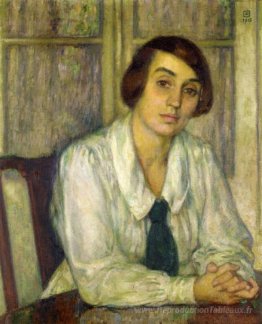 Portrait d'Elizabeth Van Ryselberghe, assis avec ses mains sur l