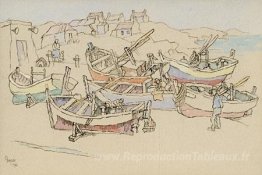 Village de pêcheurs de la côte ouest avec bateaux échoués et pêc