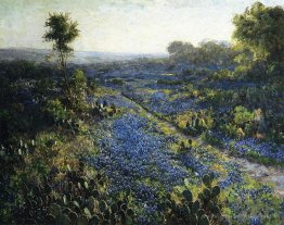 Champ de Bluebonnets du Texas et de cactus de la figue de Barbar