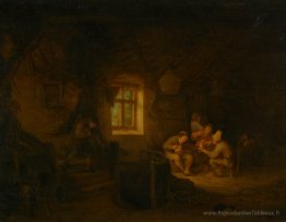 Un intérieur de taverne avec des paysans buvant sous une fenêtre