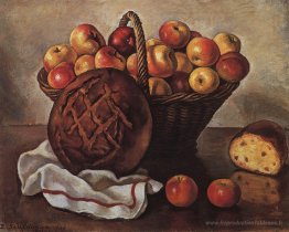 Nature morte avec des pommes et un pain rond