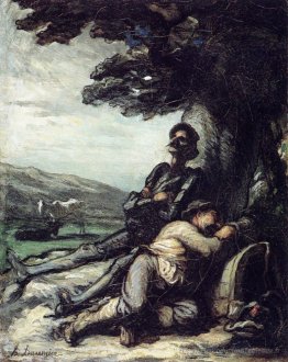 Don Quichote et Sancho Pansa se reposent sous un arbre