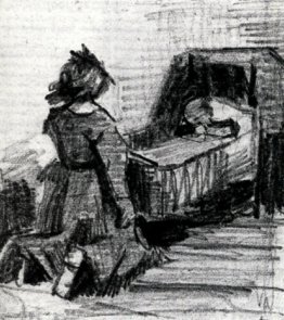 Fille à genoux devant un berceau