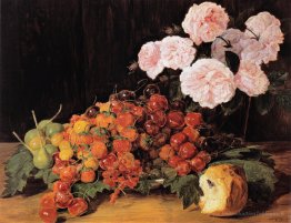 Nature morte avec des roses, des fraises et du pain