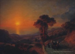Vue de la mer depuis les montagnes au coucher du soleil. Crimée