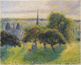 Ferme et clocher au coucher du soleil