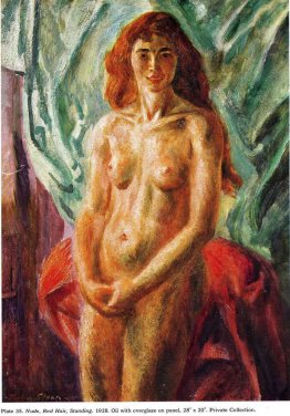 Nude, cheveux roux, debout