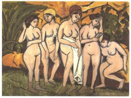 Cinq femmes baignantes dans un lac