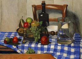 Nature morte avec une nappe à carreaux bleus