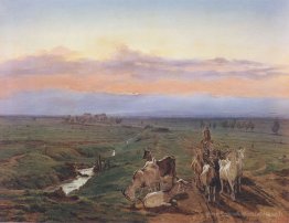 Paysage du soir avec troupeau de chèvres