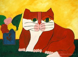 Chat rouge et vase avec des fleurs