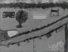 Paysage vert avec des maisons et une route