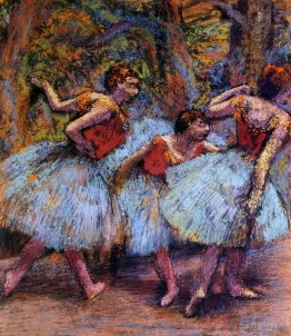 Trois danseurs, jupes bleues, chemisiers rouges