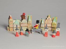 Maisons et figures (oiseaux avec chapeaux)