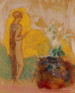 Femme et pot en pierre pleine de fleurs