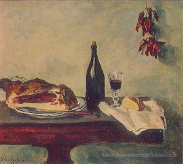 Nature morte. Pain, jambon et vin.