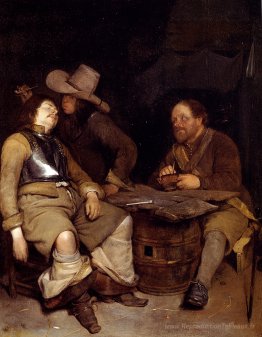 Un intérieur de la salle de garde avec un soldat soufflant de la
