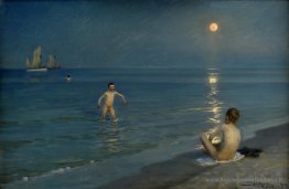 Les garçons se baignent à Skagen, soirée d'été