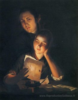 Une fille lisant une lettre aux chandelles, avec un jeune homme