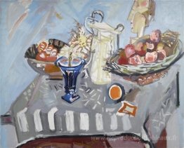 Nature morte avec chardon en vase bleu, pot à sel, panier de pom