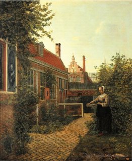 Femme avec panier de haricots dans le potager