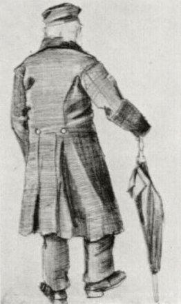 Orphelin avec un long pardessus et un parapluie, vu de l'arrière