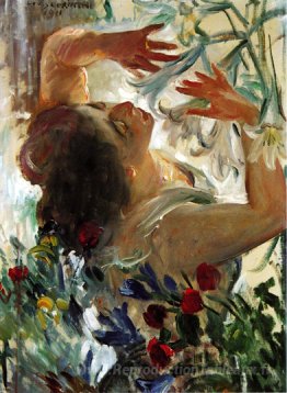 Femme avec des lys dans une serre