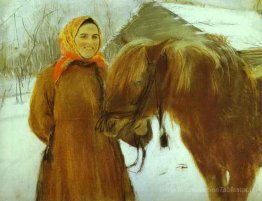 Dans un village. Paysanne avec un cheval