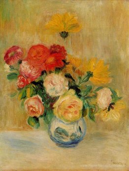 Vase de roses et de dahlias