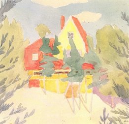 Paysage avec la maison avec toit rouge