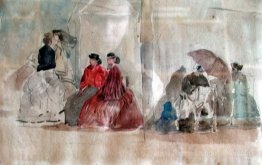 Figures sur la plage devant les huttes de baignade
