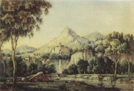 Paysage avec cascade et pont