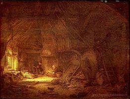 Intérieur de chalet avec une famille autour du foyer