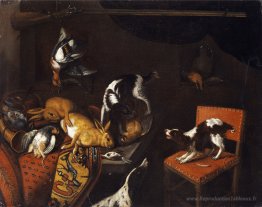 Nature morte avec des lièvres morts et des oiseaux, fauteuil, ch