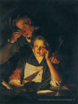 Une fille lisant une lettre, avec un vieil homme lisant sur son