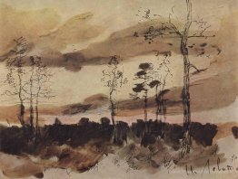 Coucher de soleil. Edge forestier.