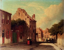 Un avis de ville ensoleillé avec des figures qui conversent